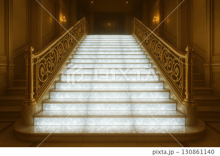 Grand staircase with glowing crystal steps and golden railings in luxurious interior, creating cinematic and futuristic royal ambience with warm lighting and elegant design 130861140