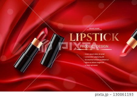 Realistic lipstick ad. Red lip stick cosmetic luxury background silk satin fabric background premium beauty makeup product catalog sale banner advertising exact vector illustration 130861193