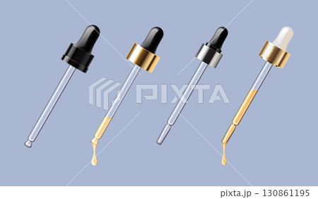 Cosmetic pipette. Realistic dropper pipettes with serum drop, eyedropper medical liquid chemical test beauty oil perfume essence shampoo skincare tube, exact vector illustration 130861195