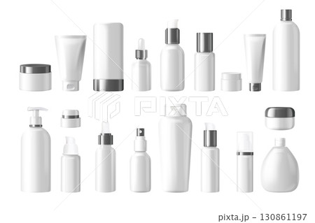 Cosmetics bottles mockup. White cosmetic container, skincare cream empty bottle clear lotion shampoo plastic jar pump spray beauty product package set, exact vector illustration Cosmetics bottles mockup. White cosmetic container, skincare cream empty bottle clear lotion shampoo plastic jar pump spray beauty product package set, exact vector illustration 130861197