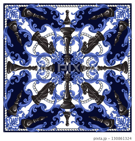 Luxury chess barocco scarf design with black pieces and blue ornamental floral elements 130861324