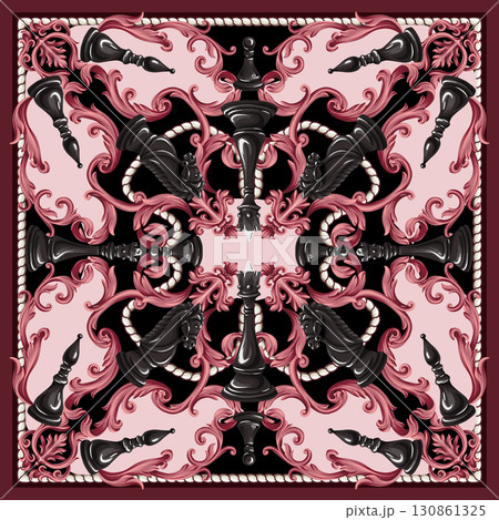 Luxury chess barocco scarf design with black pieces and blue ornamental floral elements 130861325