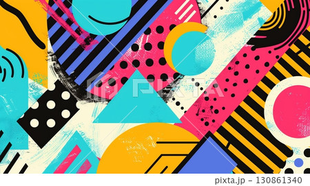 Abstract Memphis Style Geometric Background in Bright Colors 130861340