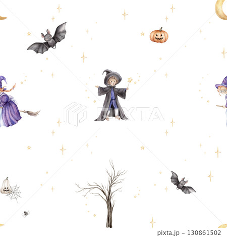 Seamless pattern Trick or treat for Halloween. Repeat background with wizard, fairy or witch on broomstick, tree without leaves and pumpkin. Hand drawn fantasy illustrations for kid's for repeat print Seamless pattern Trick or treat for Halloween. Repeat background with wizard, fairy or witch on broomstick, tree without leaves and pumpkin. Hand drawn fantasy illustrations for kid's for repeat print 130861502