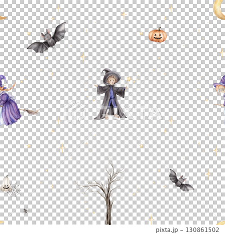 Seamless pattern Trick or treat for Halloween. Repeat background with wizard, fairy or witch on broomstick, tree without leaves and pumpkin. Hand drawn fantasy illustrations for kid's for repeat print 130861502