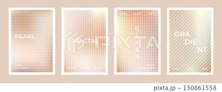 Pearl cream gradient stripes with ribbed fractal glass effect background set. Simple beige silk soft poster. Modern dynamic design for wall art, flyers, brochures, covers and web banners 130861558