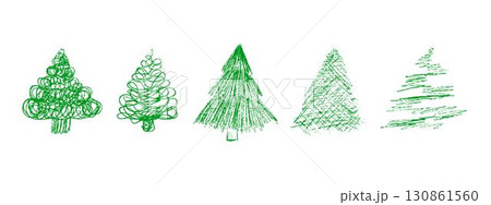 Cute Xmas tree vector set. Wax crayon and charcoal doodles, childlike scribble pines and spruces. Vector clipart of coniferous trees isolated on white background Cute Xmas tree vector set. Wax crayon and charcoal doodles, childlike scribble pines and spruces. Vector clipart of coniferous trees isolated on white background 130861560