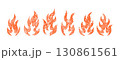 Collection of doodle fire flames. Crayon, chalk and pastel hand drawn sketch set with grunge textured burning icons. Yellow vector illustration isolated on white background 130861561