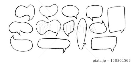 Chalk pencil speech bubble doodle set. Crayon drawn comic talk balloons and chat icons with grunge sketch texture. Hand drawn communication frames vector isolated on white background Chalk pencil speech bubble doodle set. Crayon drawn comic talk balloons and chat icons with grunge sketch texture. Hand drawn communication frames vector isolated on white background 130861563