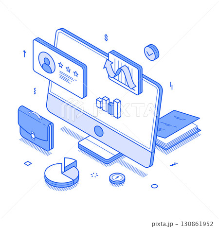 Online business computer workflow commercial analyzing monochrome isometric vector 130861952