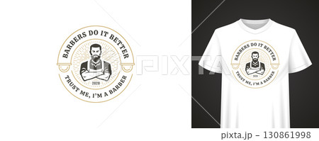 Barbers Do It Better Vintage Badge with Bearded Man and Sunburst for Retro T-Shirt Print Design Barbers Do It Better Vintage Badge with Bearded Man and Sunburst for Retro T-Shirt Print Design 130861998