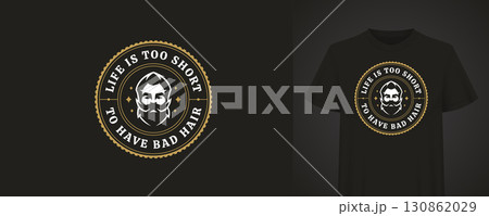 Elegant Barber Logo with Beard Man and Retro Typography on Black T-shirt 130862029