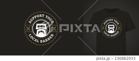 Elegant Barber Shop Logo Design on Black T-Shirt 130862033