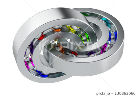 Interlocked ball bearings with colorful spheres. Abstract technical logotype. 3D rendering Interlocked ball bearings with colorful spheres. Abstract technical logotype. 3D rendering 130862060