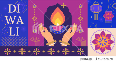 Diwali festival banner,card with symbols of holiday-mandala, hands with candle and fire, lanterns.Template design for web, social media, poster.Diwali festival with Rangoli decoration with Diya.Vector 130862076