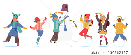 Happy children wearing cute winter hats playing outdoors enjoying outdoor winter games and fun Happy children wearing cute winter hats playing outdoors enjoying outdoor winter games and fun 130862157