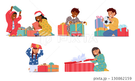 Happy children surprised and satisfied with good present on Christmas holiday or birthday party 130862159