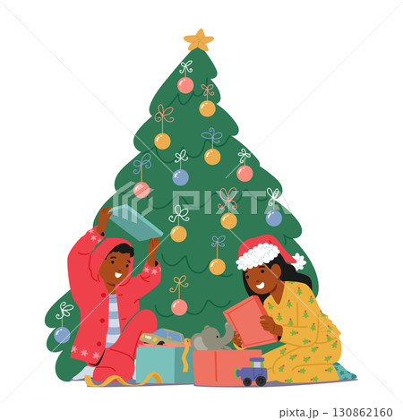 Happy children unwrapping present box prepared for Christmas celebration while sitting by Xmas tree 130862160