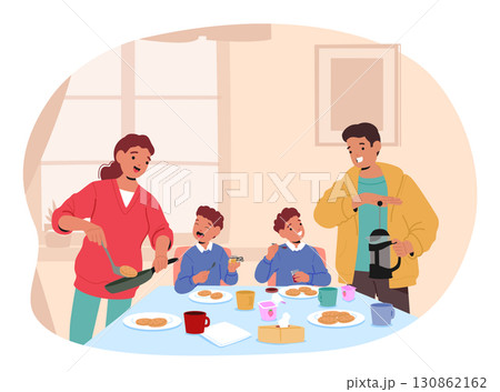 Family morning routine cartoon scene with parents caring for children cooking breakfast and drinks 130862162