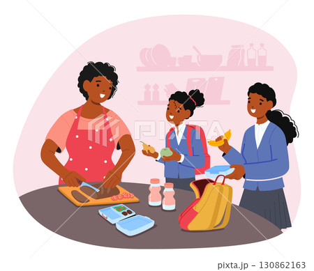 Happy mother cooking breakfast for her daughters while kids packing rucksack cartoon scene 130862163