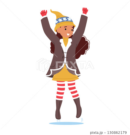 Happy little girl cartoon character wearing cute winter hat rejoicing holidays isolated on white 130862179