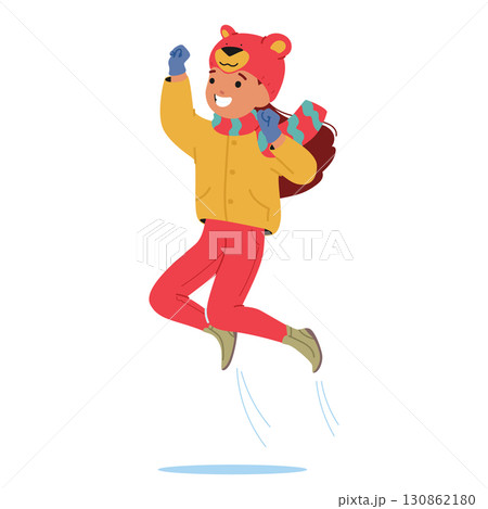 Pretty girl child cartoon character wearing funny winter hat jumping up high expressing happiness 130862180