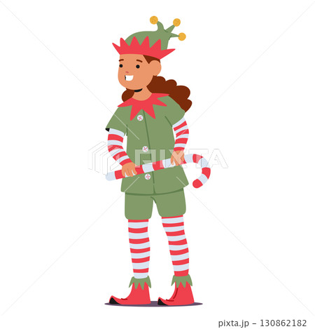 Cute girl cartoon character Christmas elf with candy cane sweet treats isolated on white background 130862182