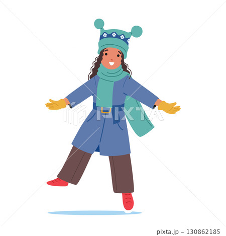 Happy girl kid cartoon character wearing cute winter hat and trendy fashion clothes jumping up Happy girl kid cartoon character wearing cute winter hat and trendy fashion clothes jumping up 130862185