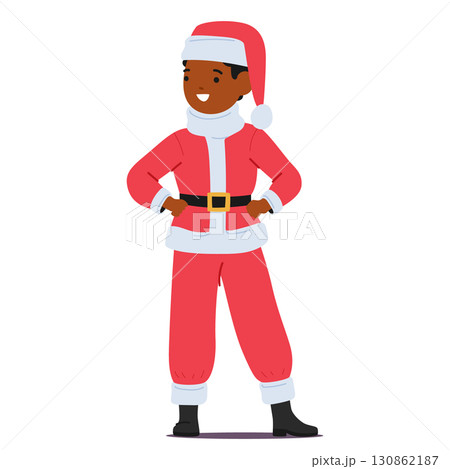 Cute boy cartoon character wearing traditional Santa Claus red costume preparing for Christmas Cute boy cartoon character wearing traditional Santa Claus red costume preparing for Christmas 130862187