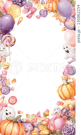 ハロウィンフレーム背景イラストセット　かぼちゃ・おばけ・キャンディ・風船装飾 130862254