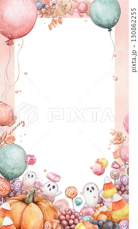 ハロウィンフレーム背景イラストセット　かぼちゃ・おばけ・キャンディ・風船装飾 130862255