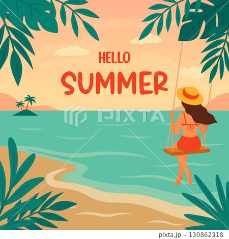 Hello Summer Poster with Woman on Swing by Sea, Vector Illustration. Tropical Beach Landscape with Palm Leaves, Ocean View. Summer Vacation Banner Design for Travel, Holiday, Resort, Seasonal Concept 130862318