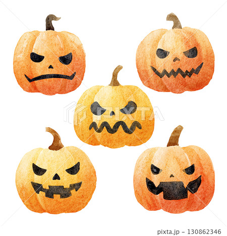 水彩風ジャックオランタン表情セット　ハロウィンかぼちゃ・PNG切り抜き素材 130862346