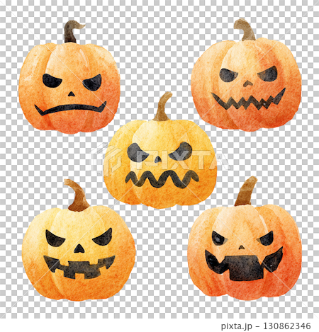 水彩風ジャックオランタン表情セット　ハロウィンかぼちゃ・PNG切り抜き素材 130862346