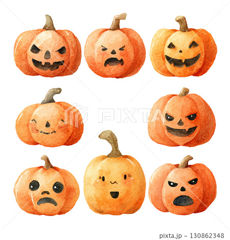 水彩風ジャックオランタン表情セット ハロウィンかぼちゃ・PNG切り抜き素材 水彩風ジャックオランタン表情セット ハロウィンかぼちゃ・PNG切り抜き素材 130862348