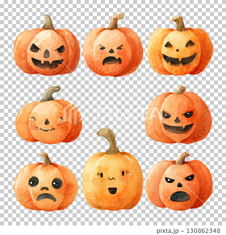 水彩風ジャックオランタン表情セット ハロウィンかぼちゃ・PNG切り抜き素材 水彩風ジャックオランタン表情セット ハロウィンかぼちゃ・PNG切り抜き素材 130862348