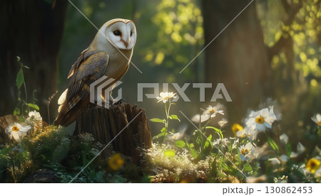 Stunning Display Of A Barn Owl Perched On A Tree Stump In A Woodland Setting 130862453