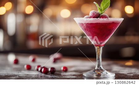 Chilled Cranberry Holiday Cocktail Served In A Martini Glass Garnished With Fresh Mint On A Bar Chilled Cranberry Holiday Cocktail Served In A Martini Glass Garnished With Fresh Mint On A Bar 130862642