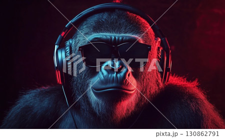 Stylish Young Dj Gorilla Grooves To Music In Headphones And Shades 130862791