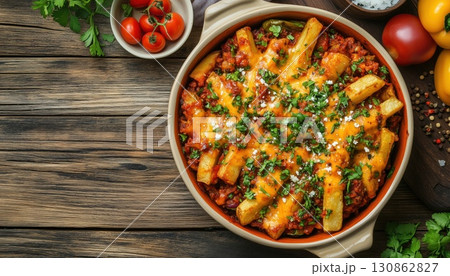 Delicious Loaded Chilli Cheese Fries Presented In A Dish On A Wooden Table 130862827