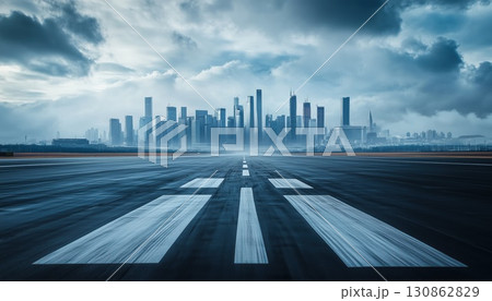 Airplane Runway Leading To A Modern City Skyline 130862829