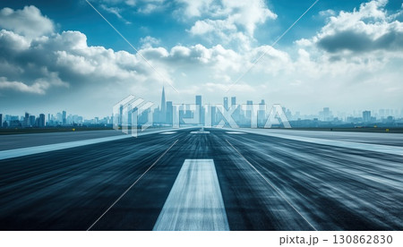 Airplane Runway Leading To Modern City Skyline With Silhouettes Of Skyscrapers 130862830