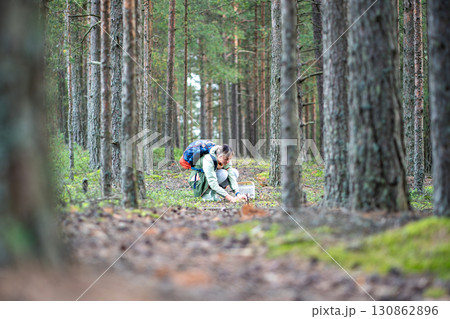 Woman collecting mushrooms into basket on clearing in pine forest during quiet woodland alone Woman collecting mushrooms into basket on clearing in pine forest during quiet woodland alone 130862896
