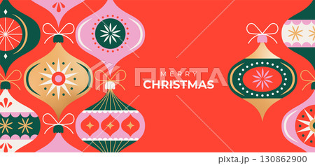 Colorful Christmas ornaments and vintage baubles. Banner background in modern minimalist geometric Colorful Christmas ornaments and vintage baubles. Banner background in modern minimalist geometric 130862900