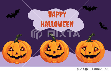 Happy Halloween template with bats, glowing jack-o-lanterns on dark purple background. Spooky holiday celebration design with text. Vector illustration, pumpkin Happy Halloween template with bats, glowing jack-o-lanterns on dark purple background. Spooky holiday celebration design with text. Vector illustration, pumpkin 130863038