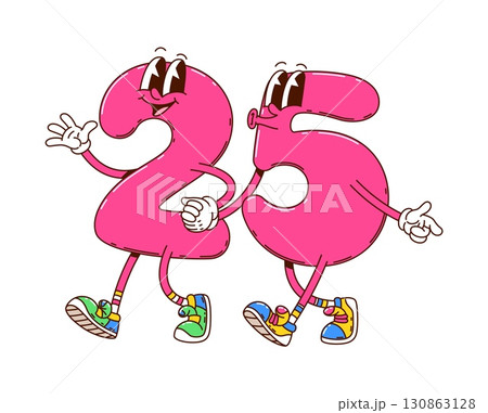 Cartoon groovy math number 25 characters, school education twenty five digit personages. Playful pink 2 and 5 with expressive faces holding hands and walking together in colorful vintage sneakers 130863128