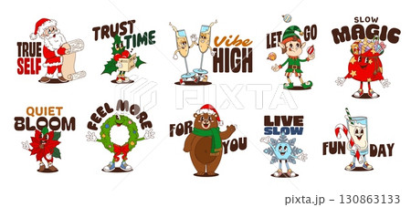 Christmas funny y2k groovy stickers. Festive patches with cartoon characters santa, elves, holiday drinks, wreath, poinsettia, gifts, snowflake and bear in hat, paired with playful positive slogans Christmas funny y2k groovy stickers. Festive patches with cartoon characters santa, elves, holiday drinks, wreath, poinsettia, gifts, snowflake and bear in hat, paired with playful positive slogans 130863133