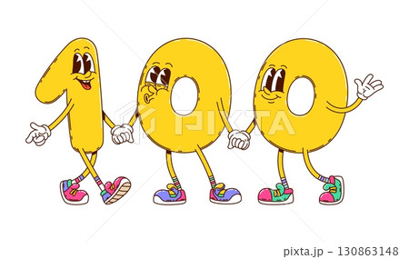 Cartoon groovy math number 100 character, school education personage. Vector playful yellow numerals 1, 0 and 0 with animated faces holding hands and walking together creating one hundred digit figure Cartoon groovy math number 100 character, school education personage. Vector playful yellow numerals 1, 0 and 0 with animated faces holding hands and walking together creating one hundred digit figure 130863148