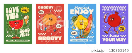 Ripe fruits hippie groovy characters posters with playful watermelon, orange, quince and pomegranate retro personages with expressive faces, and positive lifestyle slogans in bold vintage typography Ripe fruits hippie groovy characters posters with playful watermelon, orange, quince and pomegranate retro personages with expressive faces, and positive lifestyle slogans in bold vintage typography 130863149