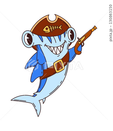 Cartoon funny sea hammerhead shark pirate and corsair animal character with toothy grin, tricorn hat and flintlock pistol. Isolated vector marine predator, ship crew personage ready for adventures 130863150